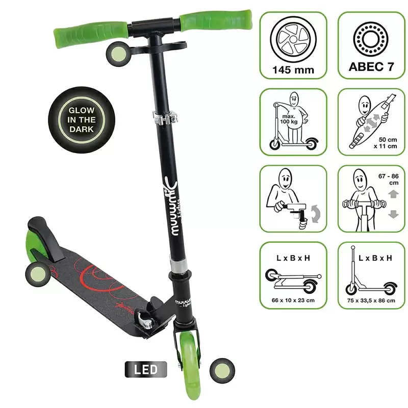Lights All Glow Trottinette Noir/Vert Roues éclairées 145 mm - image
