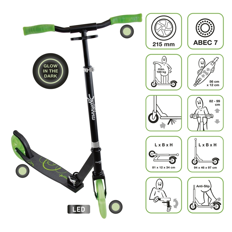 Luzes All Glow Scooter Rodas Iluminadas Pretas/Verdes 215mm