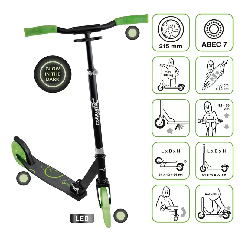 Luzes All Glow Scooter Rodas Iluminadas Pretas/Verdes 215mm - image