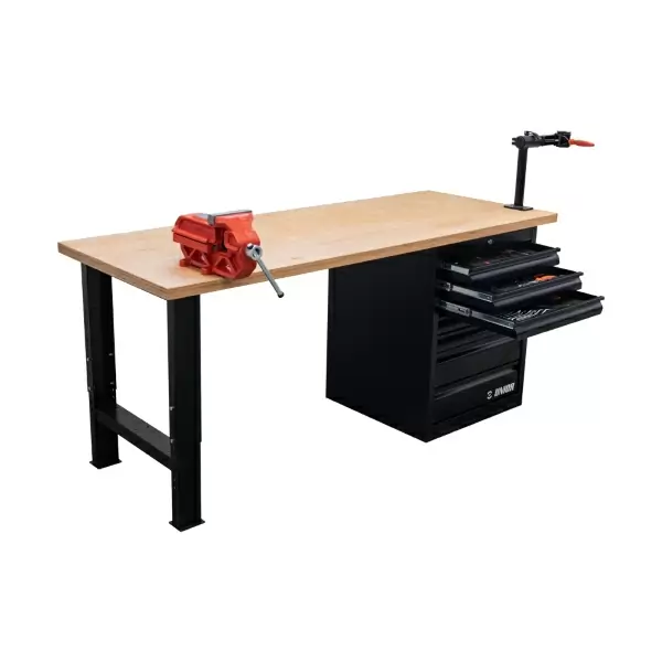 Metal Workbench with Wooden Top with Vice and Jaw Single Chest of Drawers with Tools #1