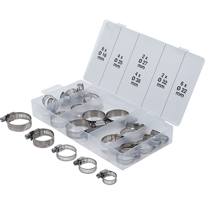 Ass.26 Pièces, Colliers de serrage, Acier inoxydable, Ï 16-38 Mm - Code BGS8055-1