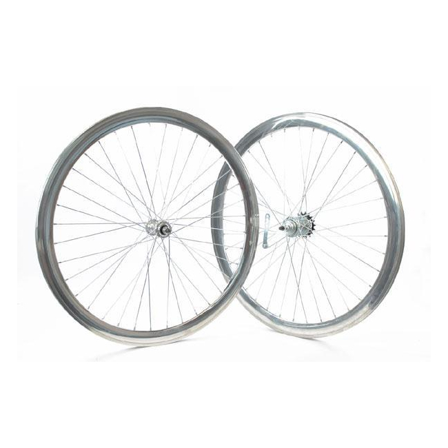 Pair wheels for fixed bike with coaster brake mirror polished silver