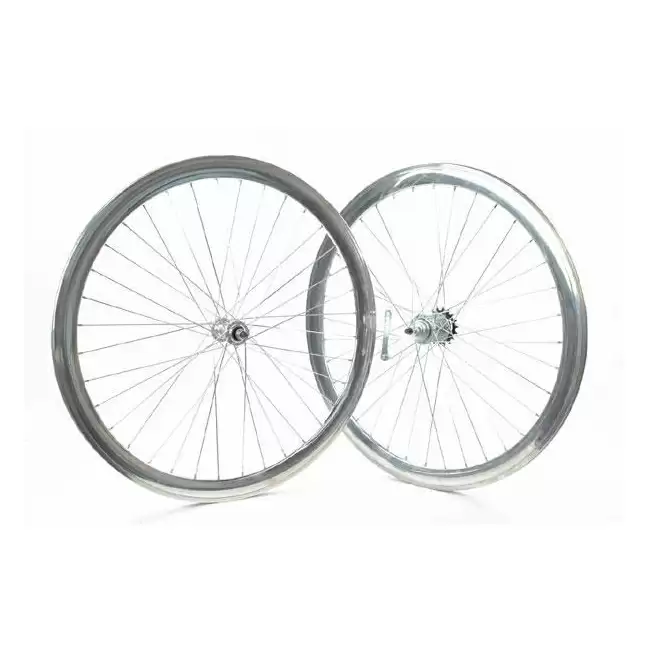 Par de rodas para bicicleta fixa com freio contra copos espelhado prata polida - image