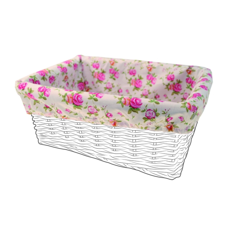 Cobertura de pano de cesta retangular branca e flores