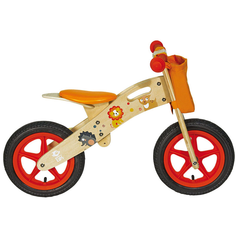 Vélo d'équilibre animaux bois avec sac orange