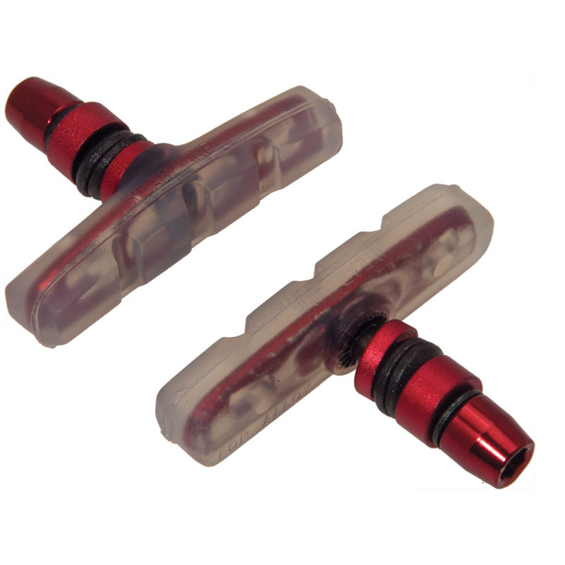 Paire de plaquettes de frein V-Brake en caoutchouc transparent et aluminium anodisé rouge