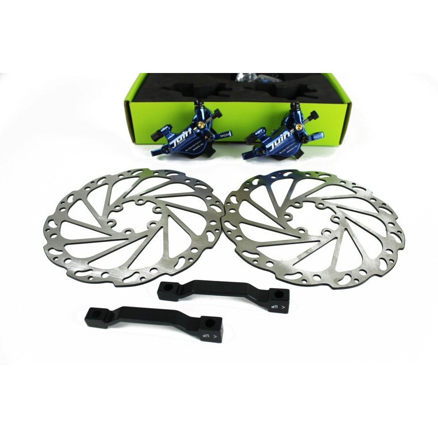 Cable actuated hydraulic disc brakes set R1 Post Mount blue