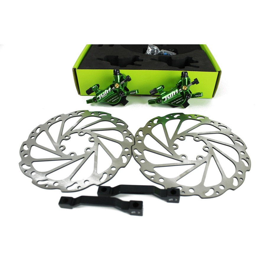 Cable actuated hydraulic disc brakes set R1 Post Mount green
