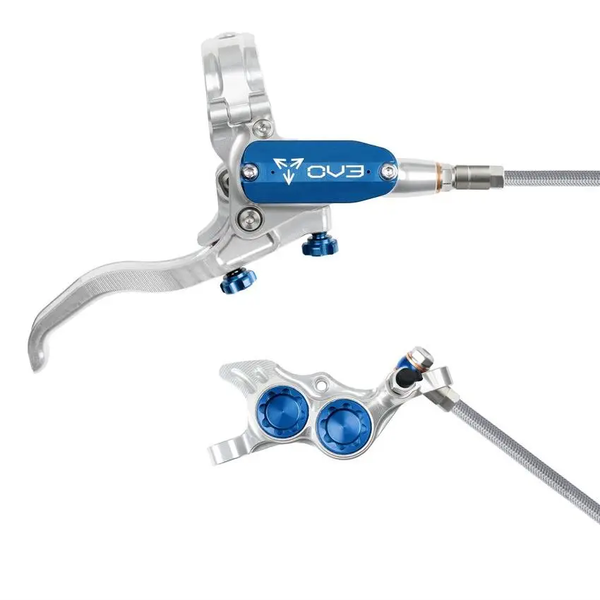 Freio a Disco Hidráulico MTB Traseiro EVO TR4 4 Pistões Mangueira Trançada Prata/Azul - image