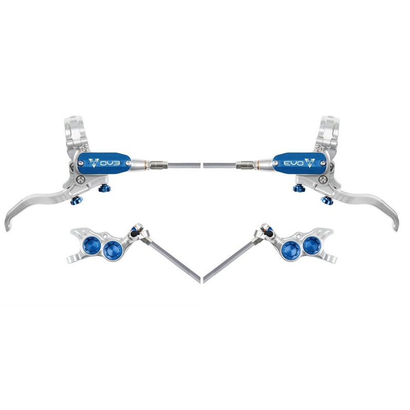 Rear Hydraulic Disc Brake Pair MTB EVO TR4 4 Piston Braided Hose Silver/Blue