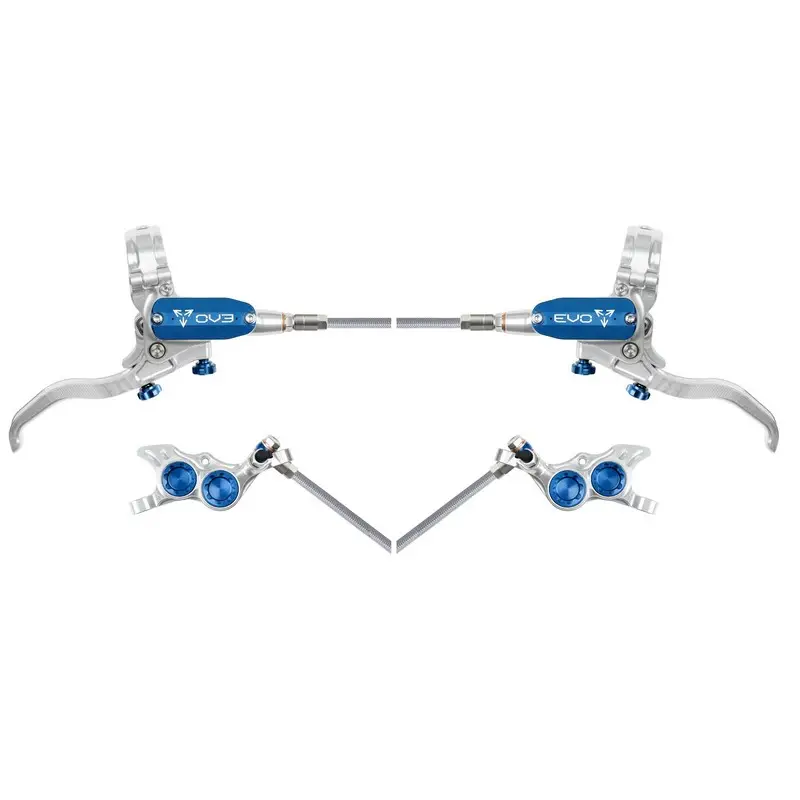 Rear Hydraulic Disc Brake Pair MTB EVO TR4 4 Piston Braided Hose Silver/Blue - image