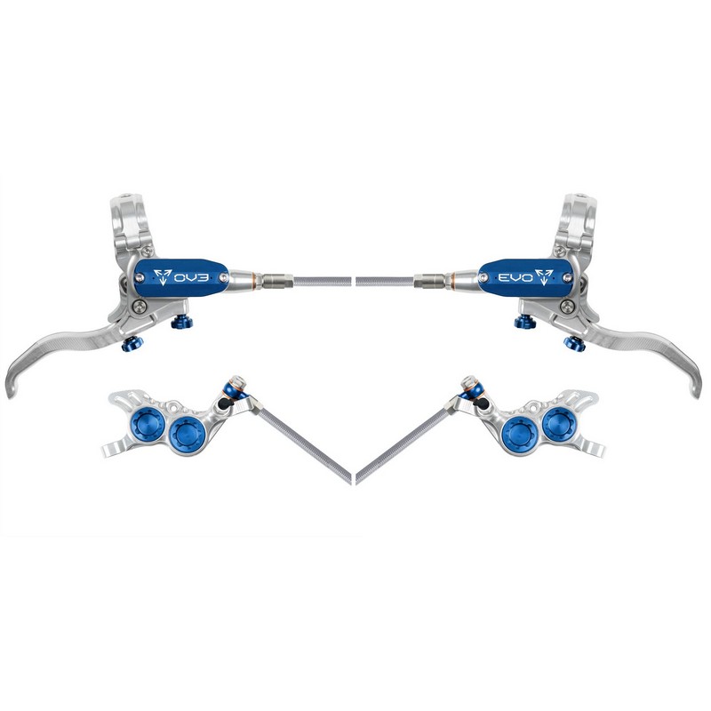 MTB EVO GR4 Hydraulic Disc Brake Pair 4 Pistons Braided Hose Silver/Blue