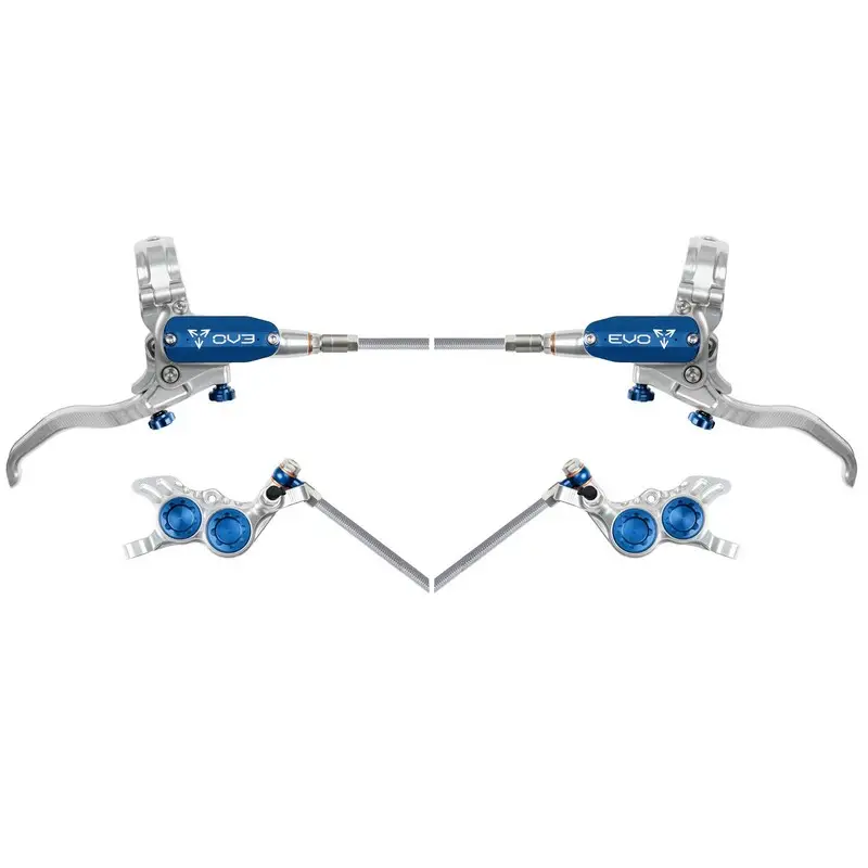 MTB EVO GR4 Hydraulic Disc Brake Pair 4 Pistons Braided Hose Silver/Blue - image