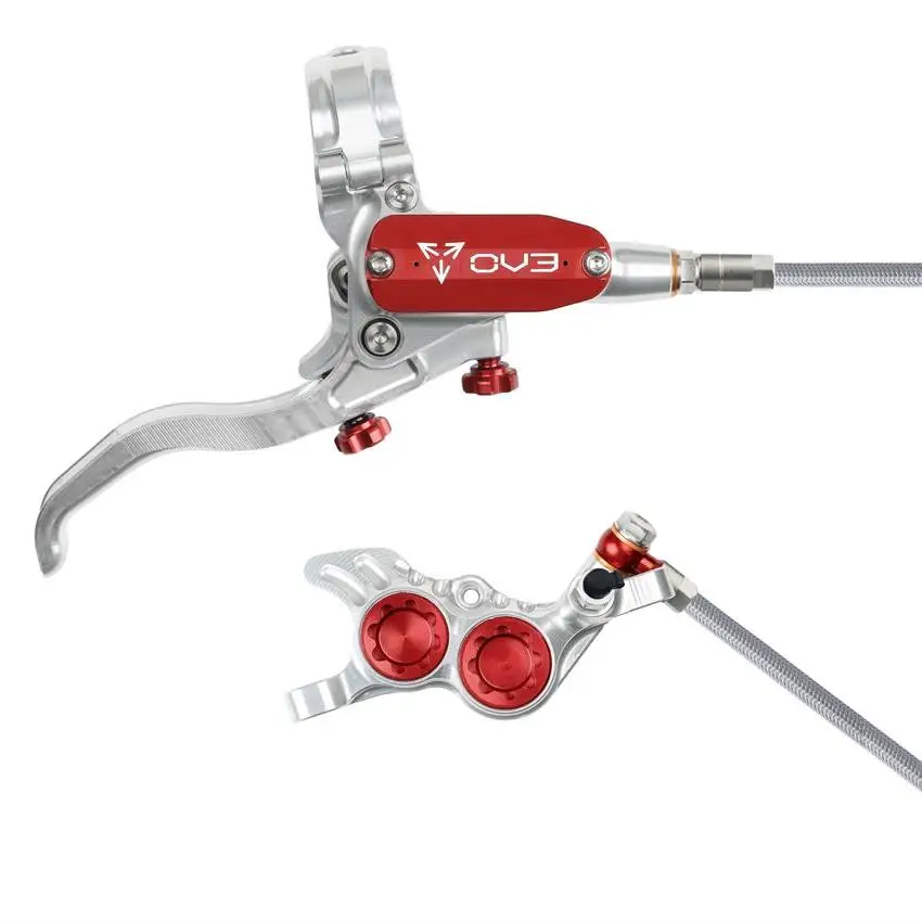 MTB Rear Hydraulic Disc Brake EVO GR4 4 Pistons Braided Hose Silver/Red - image