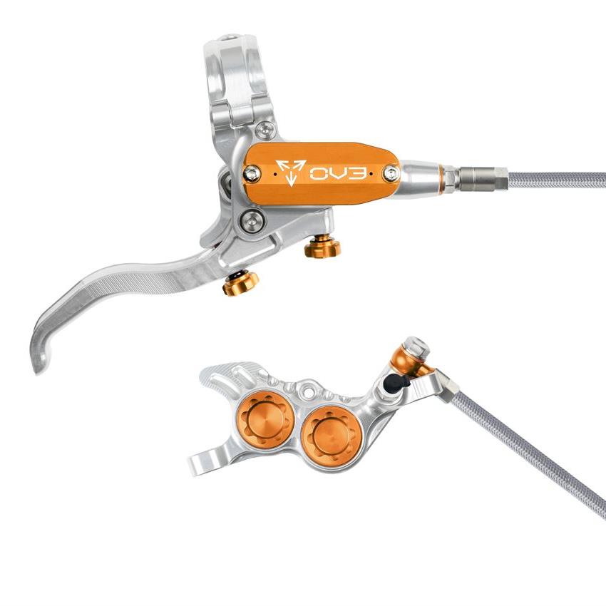 MTB Hinterrad-Hydraulikscheibenbremse EVO GR4 4-Kolben, Geflochtener Schlauch, Silber/Orange