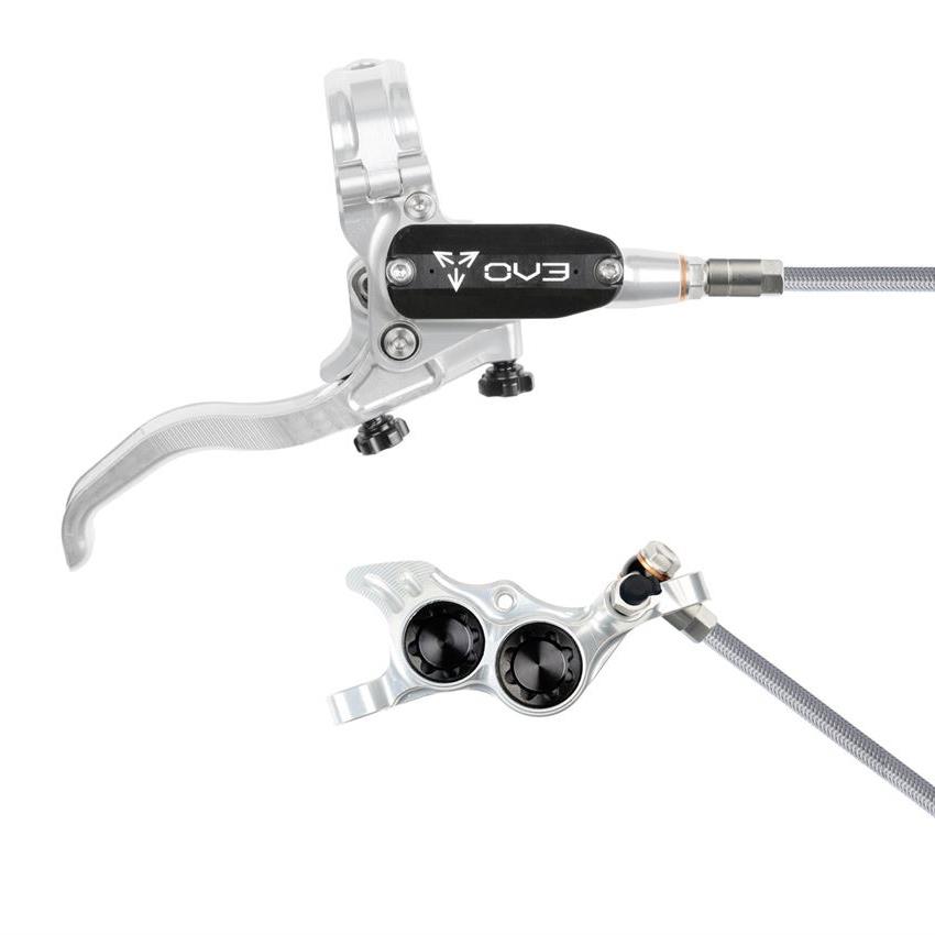 Hinterer MTB-Hydraulik-Scheibenbrems EVO TR4 4-Kolben mit Stahlflexleitung Silber/Schwarz