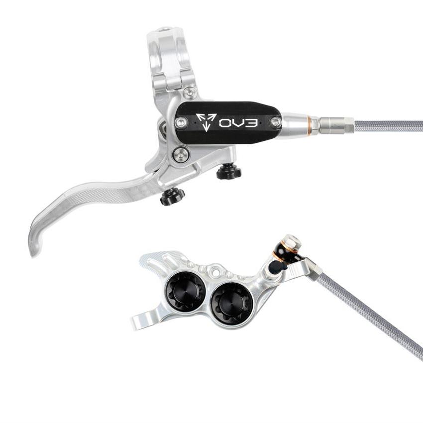 MTB Hinterrad-Hydraulikscheibenbremse EVO GR4 4-Kolben, Stahlgeflechtleitung, Silber/Schwarz