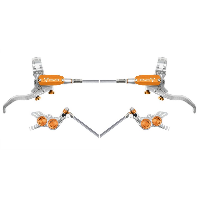 MTB EVO GR4 Hydraulic Disc Brake Pair 4 Pistons Braided Hose Silver/Orange