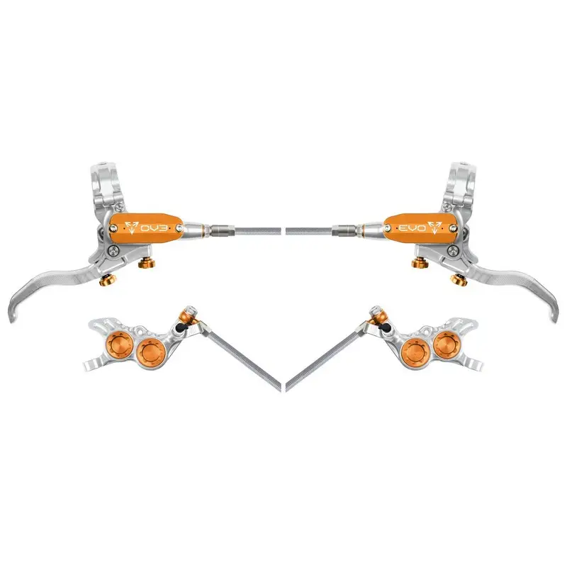 MTB EVO GR4 Hydraulic Disc Brake Pair 4 Pistons Braided Hose Silver/Orange - image