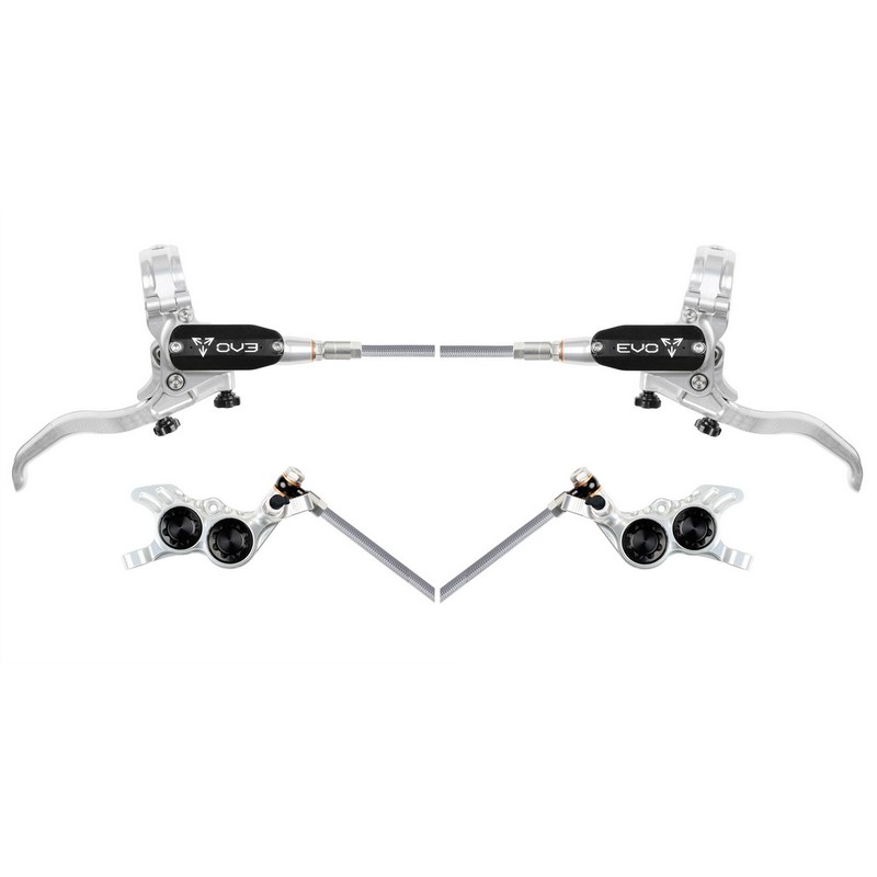 MTB EVO GR4 Hydraulic Disc Brake Pair 4 Pistons Braided Hose Silver/Black