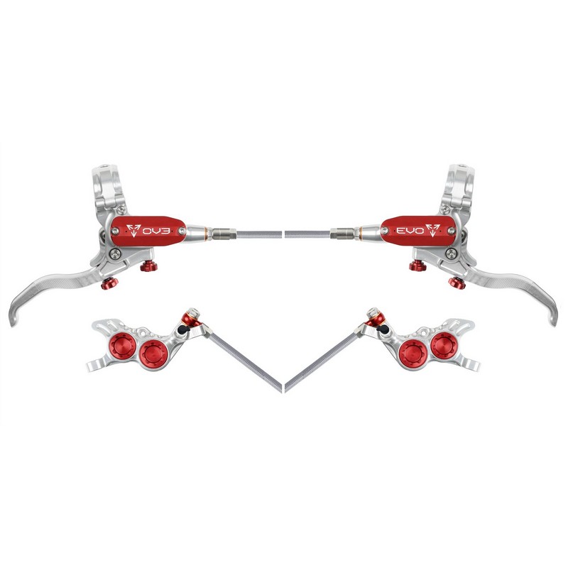 MTB EVO GR4 Hydraulische Scheibenbremsen-Paar 4-Kolben Geflochtener Schlauch Silber/Rot
