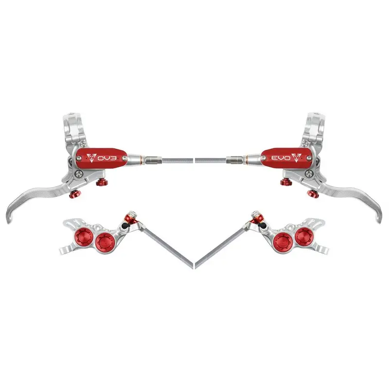 MTB EVO GR4 Hydraulische Scheibenbremsen-Paar 4-Kolben Geflochtener Schlauch Silber/Rot - image