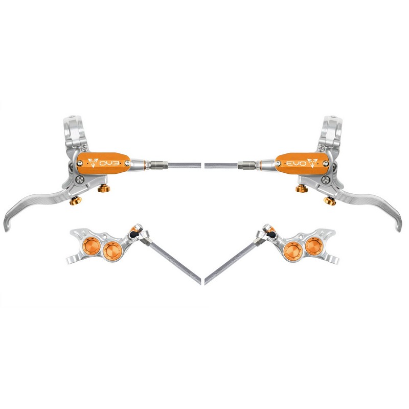 Rear Hydraulic Disc Brake Pair MTB EVO TR4 4 Piston Braided Hose Silver/Orange