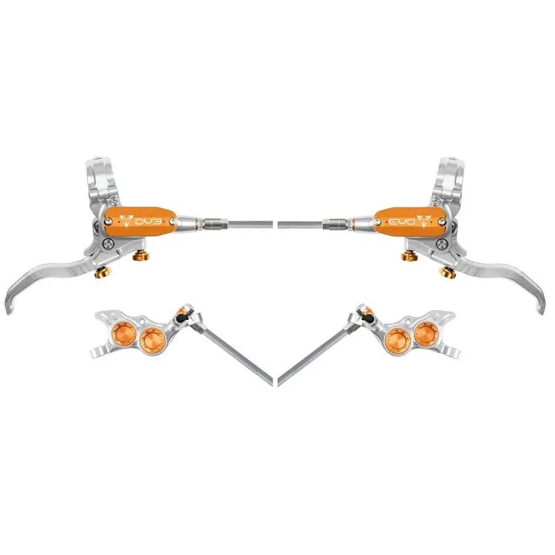Rear Hydraulic Disc Brake Pair MTB EVO TR4 4 Piston Braided Hose Silver/Orange - image