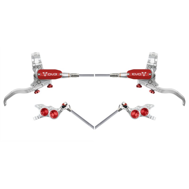 Rear Hydraulic Disc Brake Pair MTB EVO TR4 4 Piston Braided Hose Silver/Red