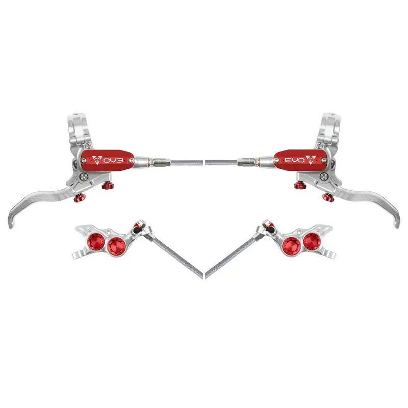Rear Hydraulic Disc Brake Pair MTB EVO TR4 4 Piston Braided Hose Silver/Red - image