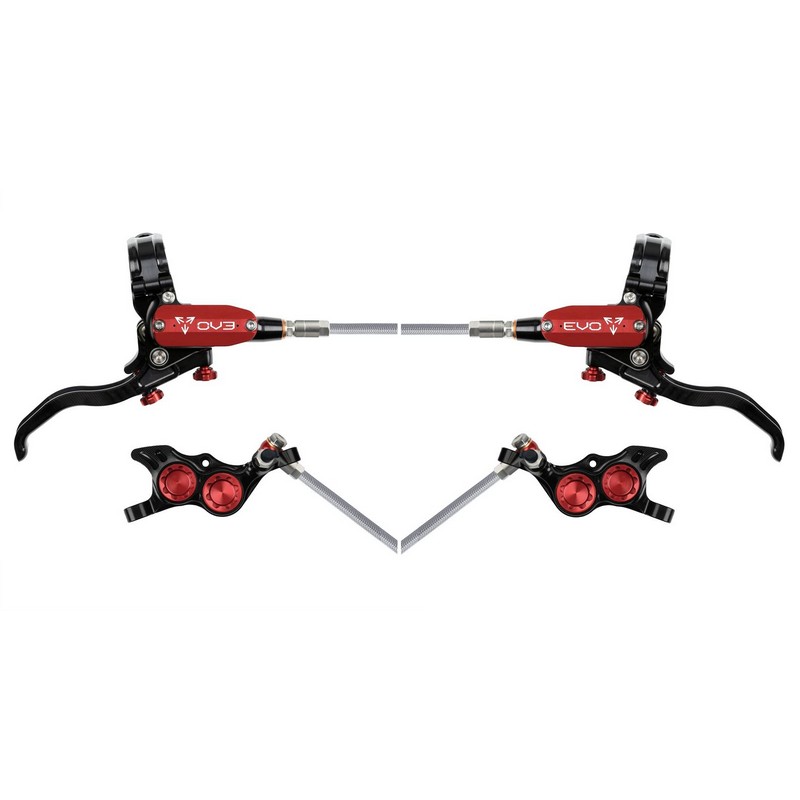 Rear Hydraulic Disc Brake Pair MTB EVO TR4 4 Piston Braided Hose Black/Red