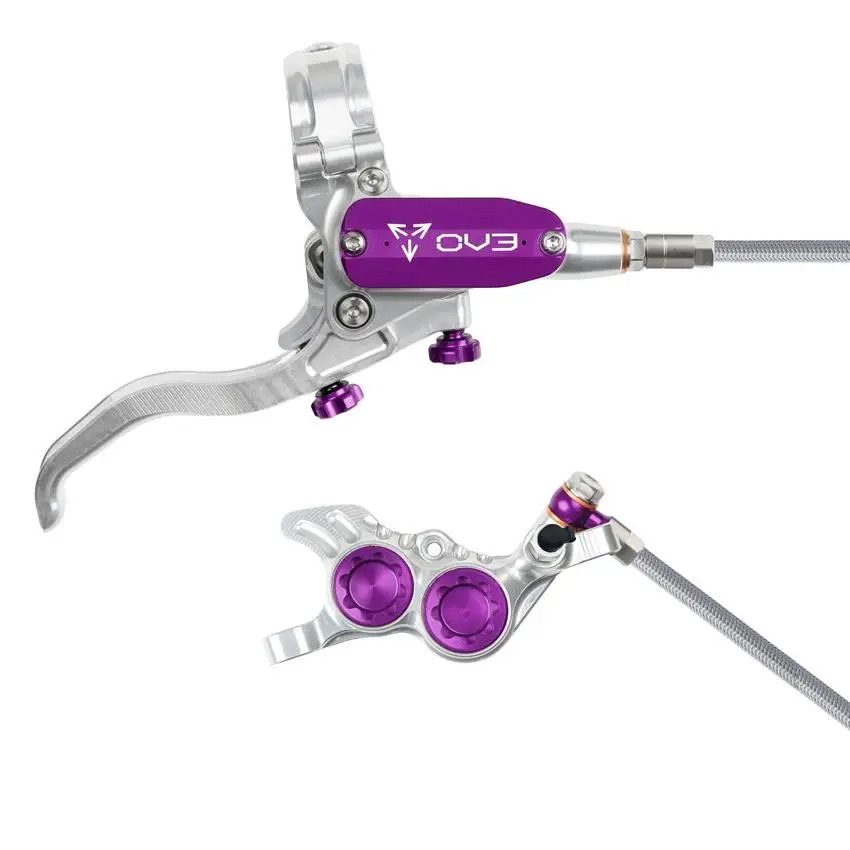 MTB EVO GR4 Hydraulic Disc Brake Set 4 Pistons Braided Hose Silver/Purple #2
