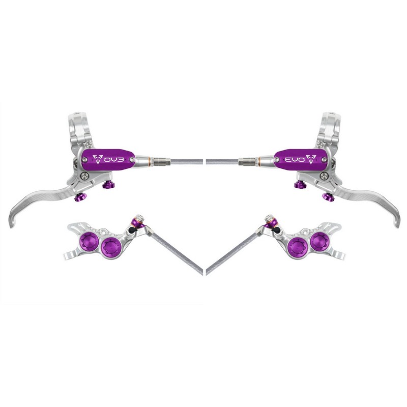 MTB EVO GR4 Hydraulic Disc Brake Set 4 Pistons Braided Hose Silver/Purple