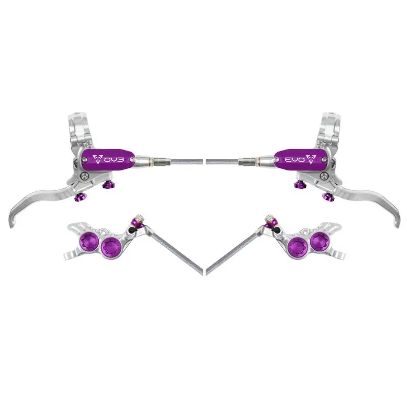 MTB EVO GR4 Hydraulic Disc Brake Set 4 Pistons Braided Hose Silver/Purple - image