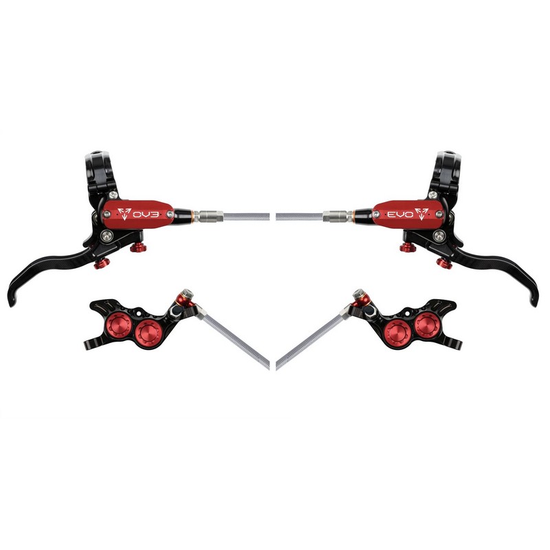 MTB EVO GR4 Hydraulic Disc Brake Pair 4 Pistons Braided Hose Black/Red
