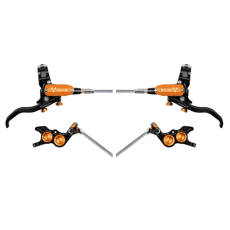 MTB EVO GR4 Hydraulic Disc Brake Pair 4 Pistons Braided Hose Black/Orange