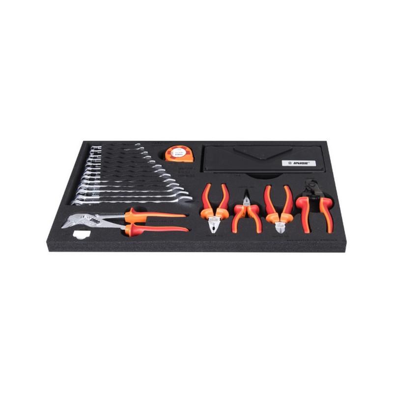 Tray with SOS Tools 14 Combination Wrenches, Pliers, Meter, Caliper