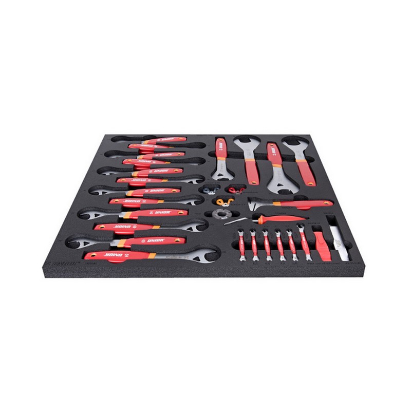Tray with wrenches, spoke wrenches, tire levers and disc straighteners