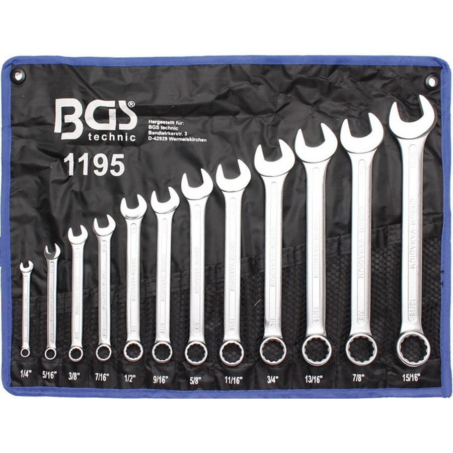 12-piece combination spanner set in inch sizes 1/4