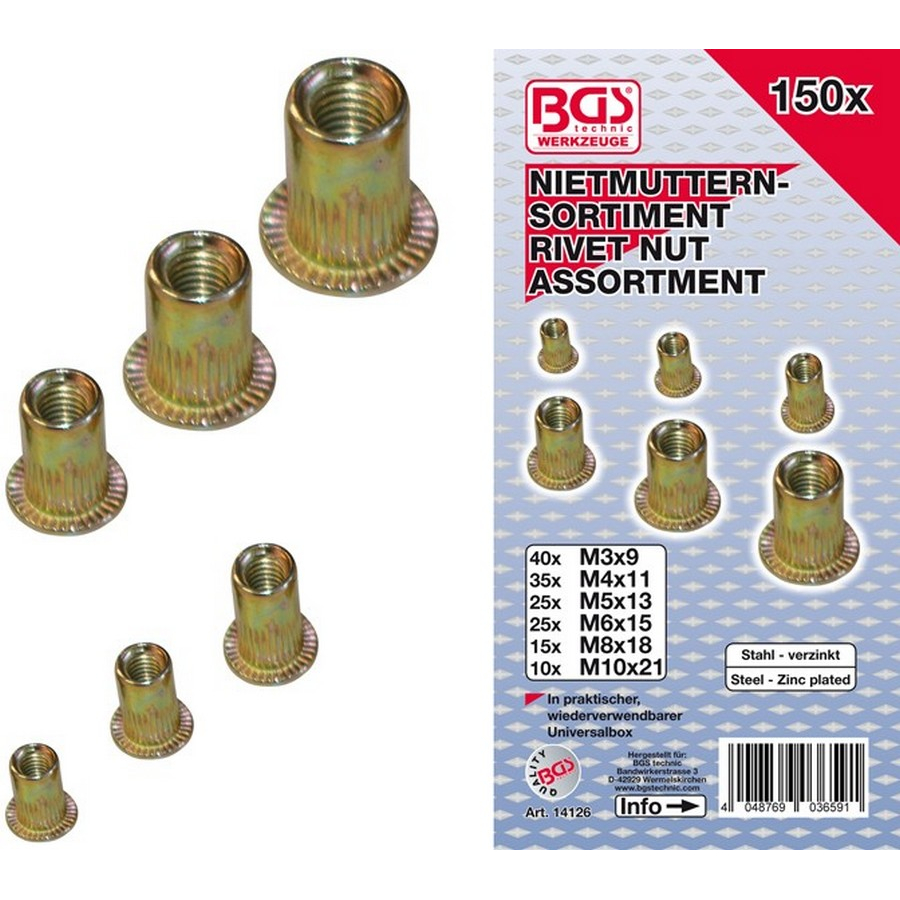 150-piece rivet nuts assortment galvanized steel - code BGS14126