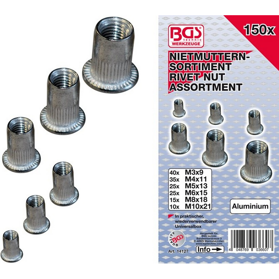 150-teiliges Einnietmuttern-Sortiment Aluminium - Code BGS14127