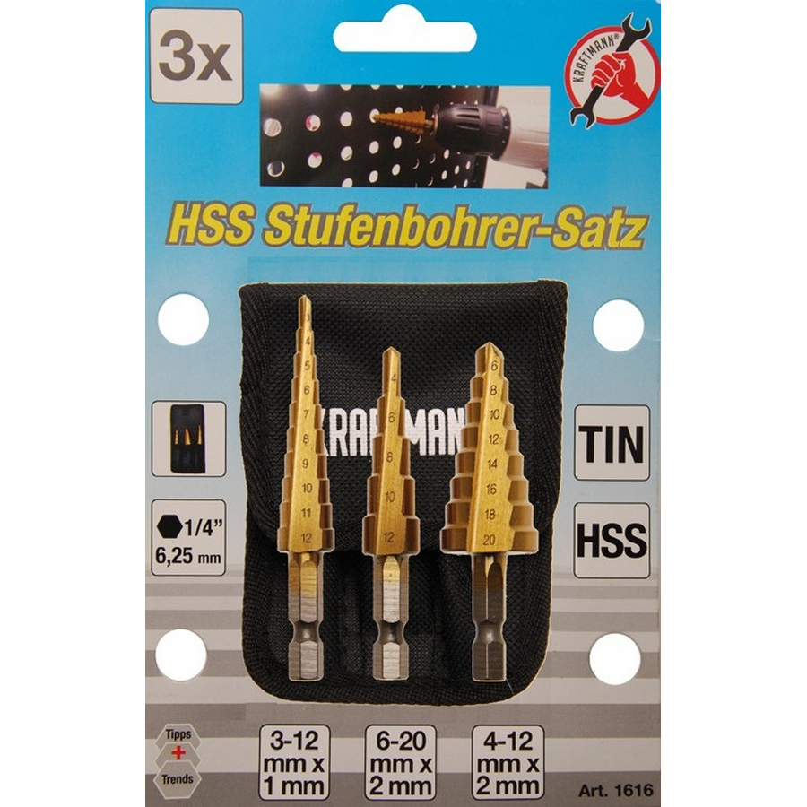 3-piece hss step drill set 3-20 mm - code BGS1616