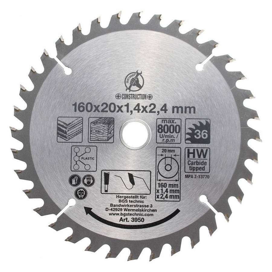 Hartmetallbestücktes Kreissägeblatt Durchmesser 160 mm 36 Zähne - Code BGS3950