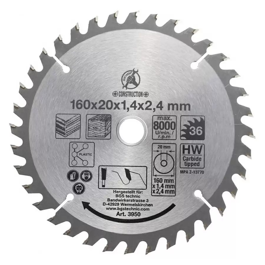 Hartmetallbestücktes Kreissägeblatt Durchmesser 160 mm 36 Zähne - Code BGS3950 - image