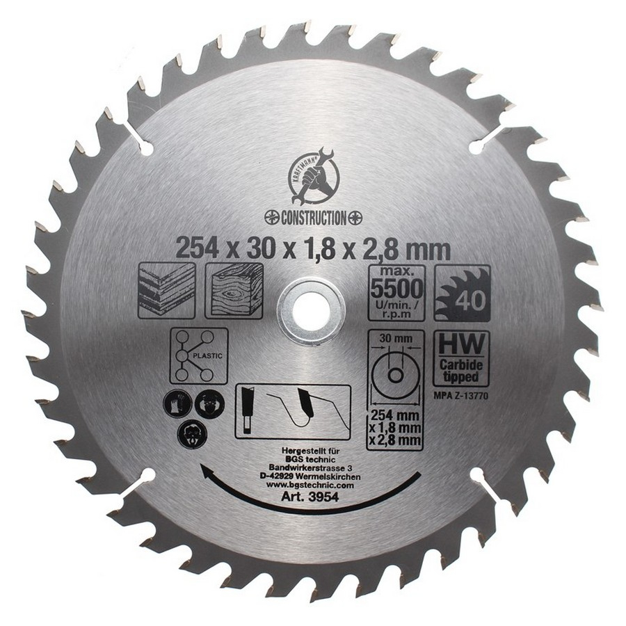 carbide tipped circular saw blade diameter 254 mm 40 tooth - code BGS3954