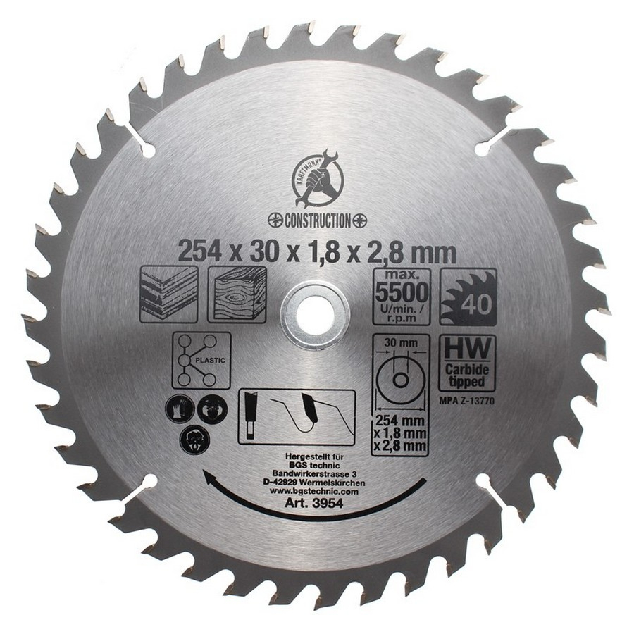 Hartmetallbestücktes Kreissägeblatt Durchmesser 254 mm 40 Zähne - Code BGS3954