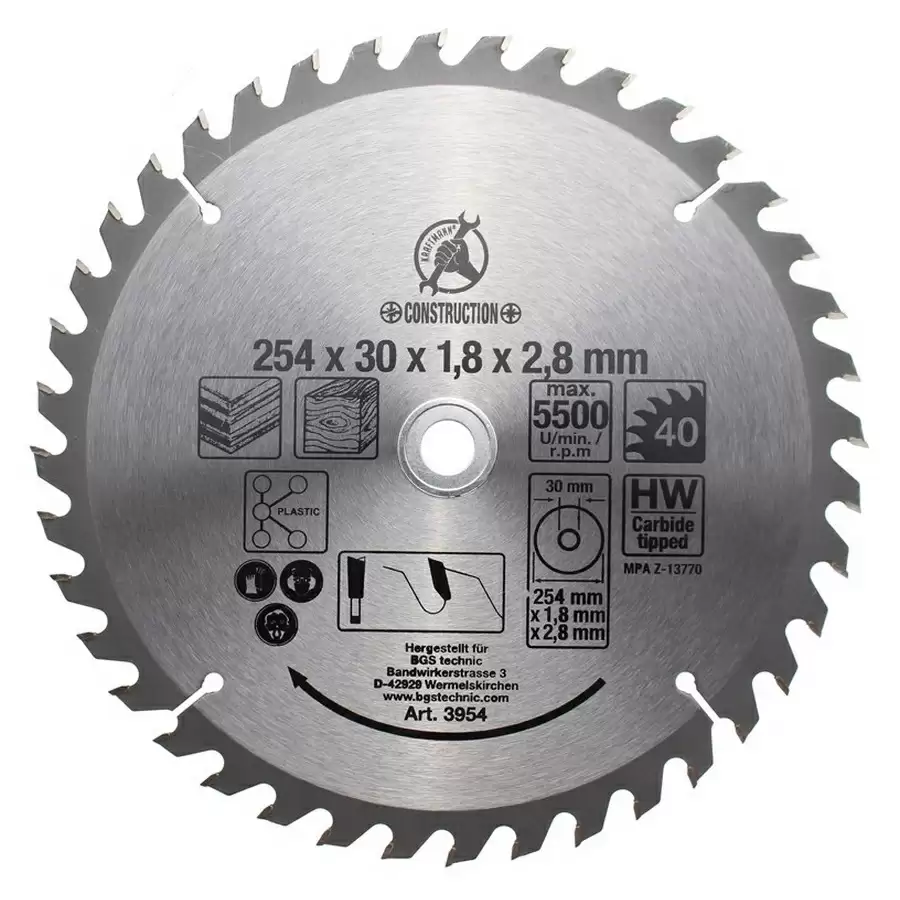 Hartmetallbestücktes Kreissägeblatt Durchmesser 254 mm 40 Zähne - Code BGS3954 - image