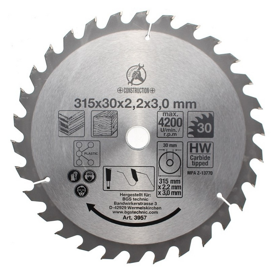 Hartmetallbestücktes Kreissägeblatt Durchmesser 315 mm 30 Zähne - Code BGS3957