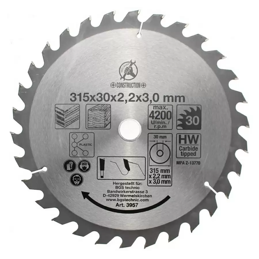 Hartmetallbestücktes Kreissägeblatt Durchmesser 315 mm 30 Zähne - Code BGS3957 - image