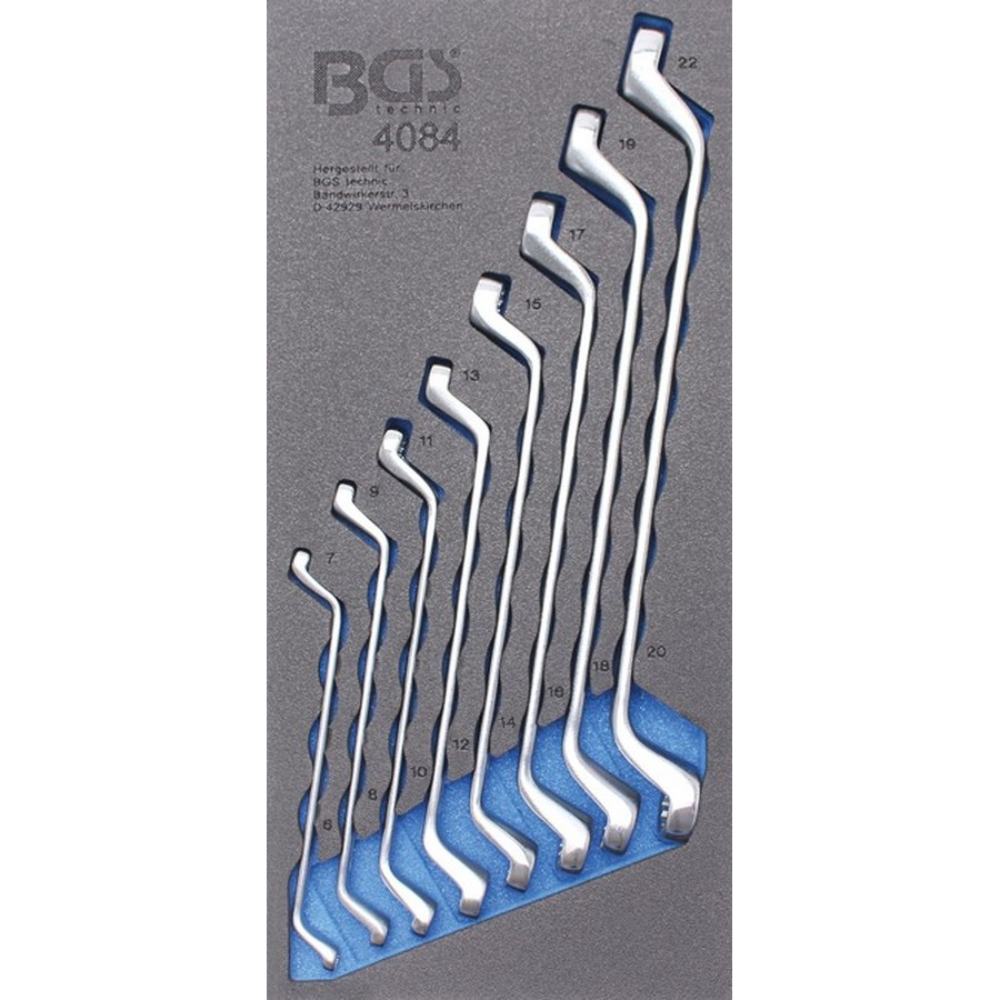 1/3 tool tray for workshop trolleys: 8-piece double ring spanner set deep offset - code BGS4084